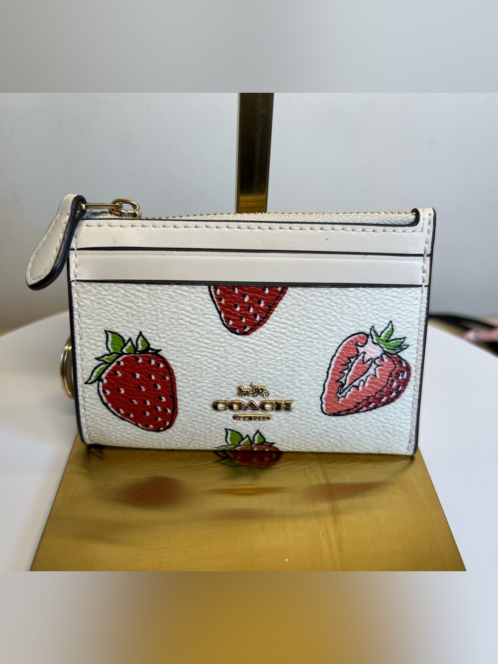 Coach Strawberry Print Leather Card Holder and Key Chain like new